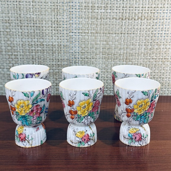 🌟2xHP🌟ANTQ c. 1890s Set of 6 Porcelain Floral Transferware Egg Cups by Minton - Picture 1 of 10